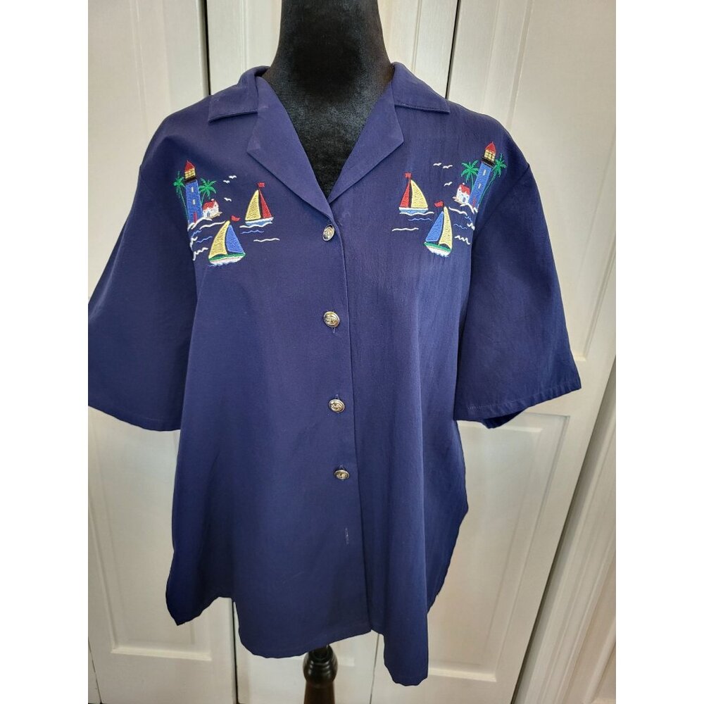 Bonworth Navy Lighthouse/Sailboat Embroidered Button Up M Nautical Coastal 90s